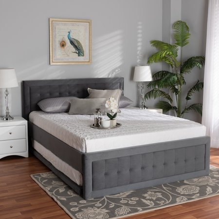 BAXTON STUDIO Tegan Modern and Contemporary Grey Velvet Fabric Upholstered Queen Size Platform Bed with Trundle 219-12361-ZORO